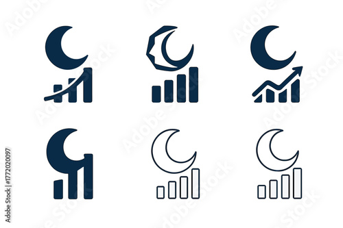 Sleep Recovery Logos. Sleep and recovery. Set Logo of Sleep and recovery: crescent moon over recovery graph. harmonious logo variations of the same emblematic