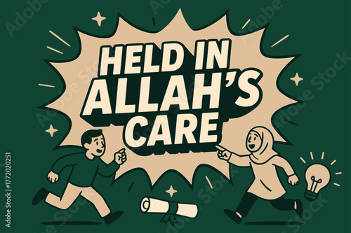 Held in Allah's Care. Held in Allah?s Care banner, flat vector illustration, bold oversized text inside comic burst, cartoon characters running and pointing