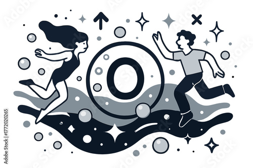 Oxygen's Vibrant Dance. Oxygen. Abstract depiction of oxygen in water with bubbles and sparkles; emphasizes chemical element, life-sustaining property, and