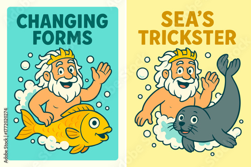 Harbor Trickster Banners. Harbor Trickster. Two vertical A6 banners with safe margins, centered composition, no elements touching edges, cartoon, turquoise and