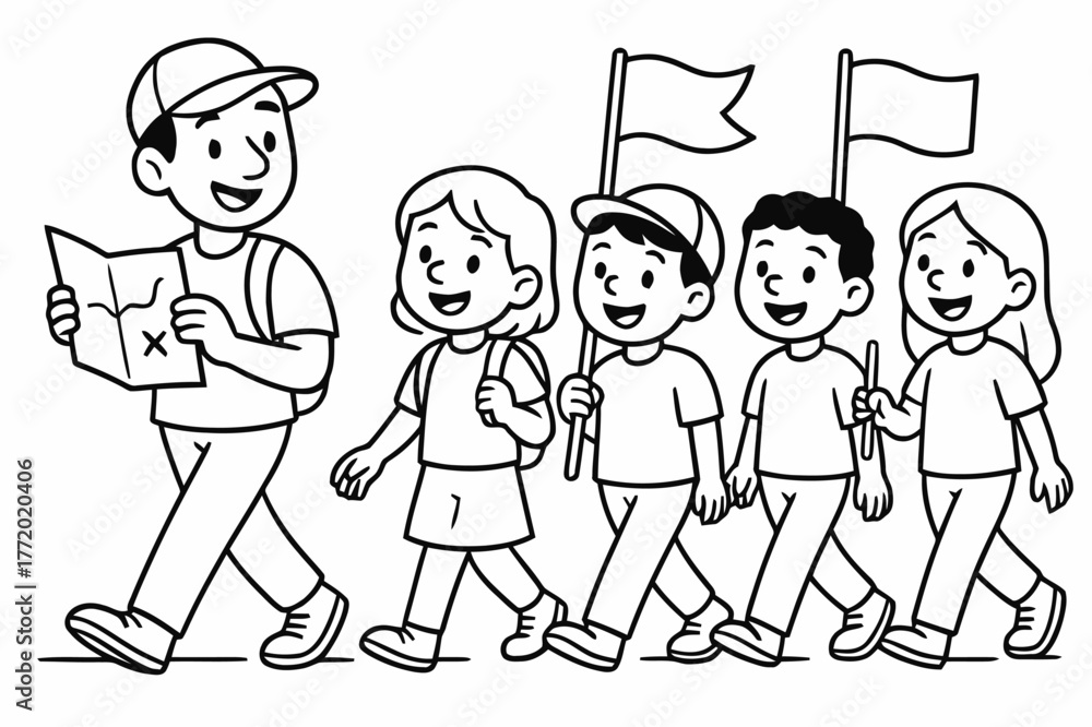 Naklejka premium Friendly Traveler Parade. Community procession children?s coloring book illustration, outlined drawing, a group of smiling travelers walking together with