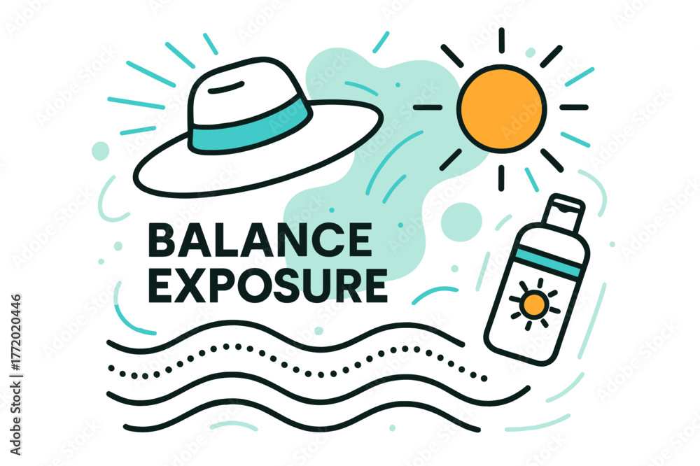 Naklejka premium Sun Protection Essentials. Sun Protection Awareness. A sunhat and lotion bottle hover beside a glowing sun icon; ?Balance Exposure? text floats near dotted
