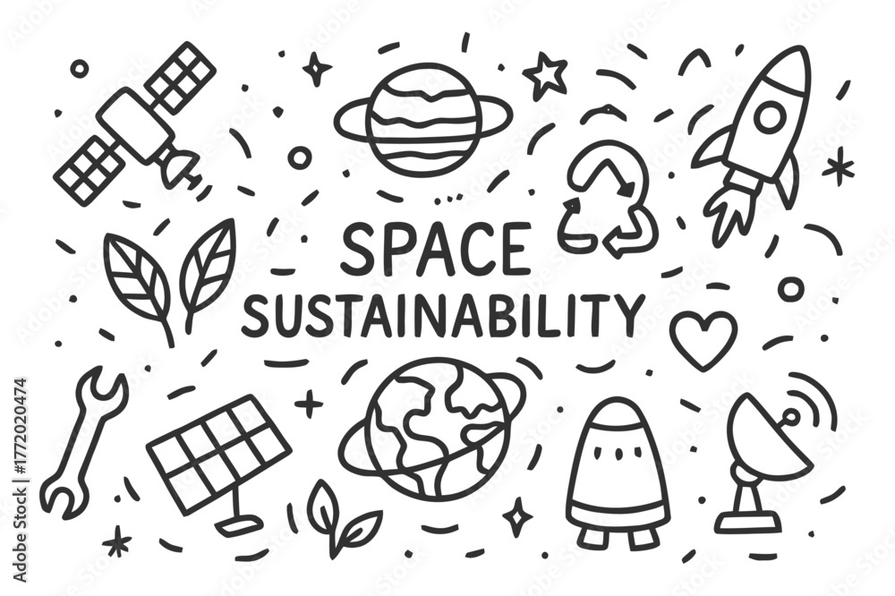 Fototapeta premium Space Sustainability Doodle. Space sustainability. Hand-drawn doodle illustration space sustainability Earth, recycle symbol, satellite, orbit ring, solar