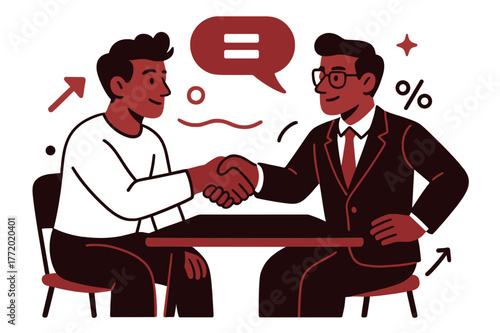 Confident Salary Negotiation. Salary negotiation confidence. A candidate and manager shake hands across a table; speech ribbon shows equal sign ?=?. Calm,