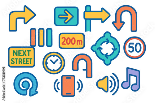 Colorful Navigation Doodles. Turn-by-turn navigation. Colorful Hand-drawn doodle Children illustration Turn-by-turn navigation left turn arrow, right turn