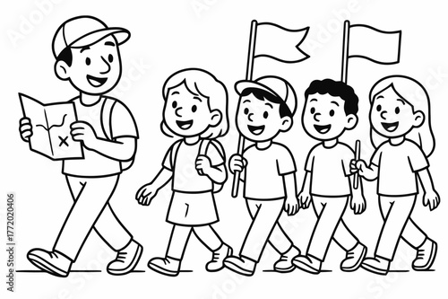 Friendly Traveler Parade. Community procession children?s coloring book illustration, outlined drawing, a group of smiling travelers walking together with
