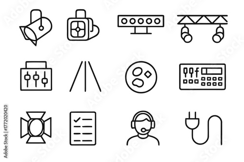 Stage Lighting Icons. Stage Lighting. Line icon set of Stage Lighting: spotlight, floodlight, LED bar, rig truss, dimmer board, light beam, gobo pattern,