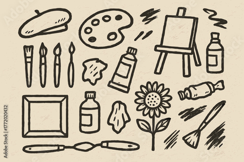 Art Supplies Icons. Oil painting. Hand-drawn doodle illustration oil painting palette, brush set, easel, tube of paint, canvas, solvent bottle, rag, painter?s