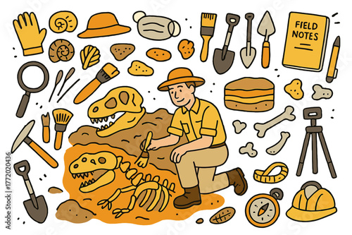 Dinosaur Fossil Excavation. Fossil discovery. Hand-drawn doodle illustration paleontologist (colored), dinosaur skeleton (colored), fossils