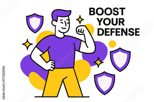 Immune System Boost. Immune System Support. A figure surrounded by shield shapes flexes lightly; small spark icons radiate ?Vitality.? ?Boost Your Defense?
