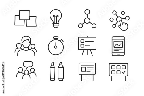 Workshop Icons Collection. Workshop and Brainstorming. Line icon set of Workshop and Brainstorming: sticky notes, idea lightbulb, mind map, dot voting,