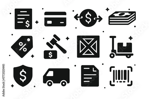 Payment and Logistics Icons. Payments and logistics. Solid icons set of Payments and logistics: invoice, credit card, bank transfer, cash stack, buyer?s