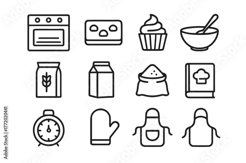 Home Baking Icons. Baking at home. Line icon set of home baking: oven, tray, cupcake, bowl, spoon, flour, milk, sugar, recipe book, timer, gloves, apron. All