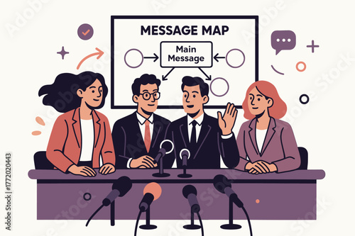 Press Conference Dynamics. Media relations. Team at press conference table, microphones pointed outward; behind them, a board labeled ?Message Map.? Calm