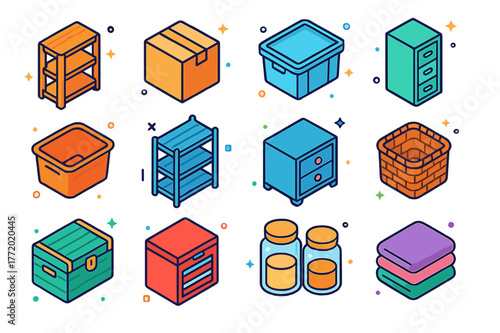 Colorful Storage Icons. Storage. Colorful isometric vector icons set of Storage: wooden shelf, cardboard box, plastic container, filing cabinet, storage bin,