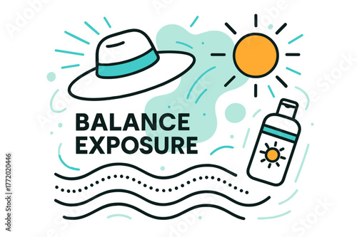 Sun Protection Essentials. Sun Protection Awareness. A sunhat and lotion bottle hover beside a glowing sun icon; ?Balance Exposure? text floats near dotted