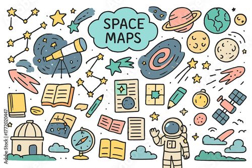 Colorful Space Doodles. Space maps. Hand-drawn doodle illustration constellations (colored), stars (colored), planets (colored), moon (colored), telescope