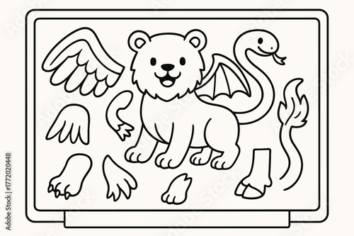 Chimera Coloring Adventure. Create your own chimera children?s coloring book illustration, outlined drawing, mix-and-match animal parts like wings, tails, and