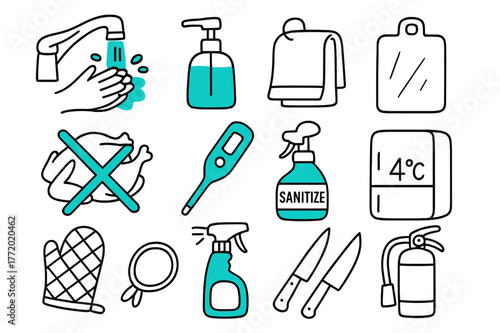 Kitchen Safety Essentials. // Kitchen safety & hygiene. Hand-drawn doodle illustration Kitchen safety & hygiene [handwashing tap (accented), soap dispenser