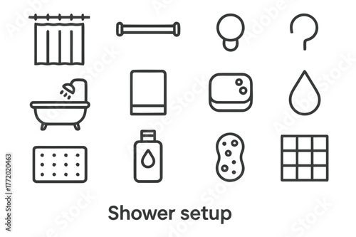 Shower Icon Set. Shower setup. Line icon set of shower setup: shower curtain, curtain rod, ring, hook, bathtub, towel, soap, water droplet, bath mat, shampoo