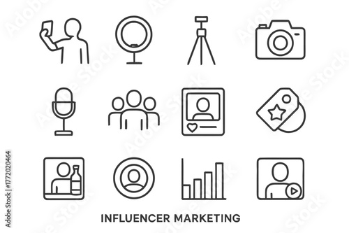 Influencer Marketing Icons. Influencer marketing visuals. Line icon set of influencer marketing: selfie, ring light, tripod, camera, microphone, followers,