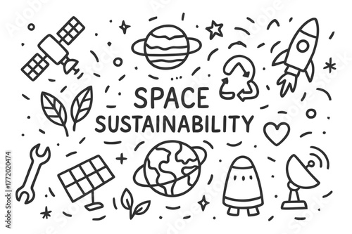 Space Sustainability Doodle. Space sustainability. Hand-drawn doodle illustration space sustainability Earth, recycle symbol, satellite, orbit ring, solar