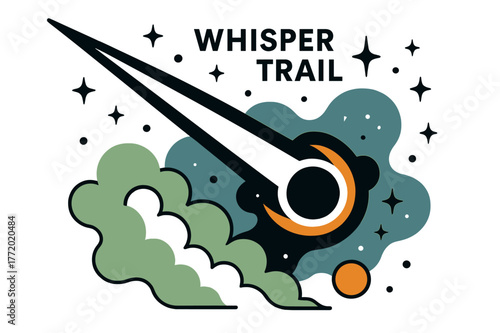 Comet in Nebula. Comet Through a Nebula. A crisp tail slices across soft clouds; ?Whisper Trail? hangs near sparkling dust. The head glows with a haloed rim.