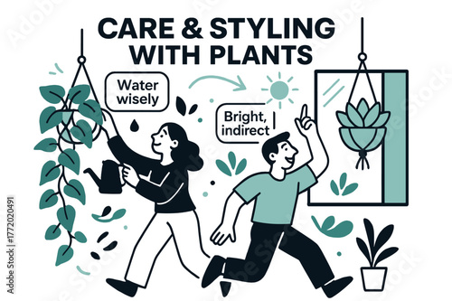 Stylish Plant Care. Care & styling with plants. A trailing pothos and a succulent settle into fresh hangers; ?Water wisely? and ?Bright, indirect? float as