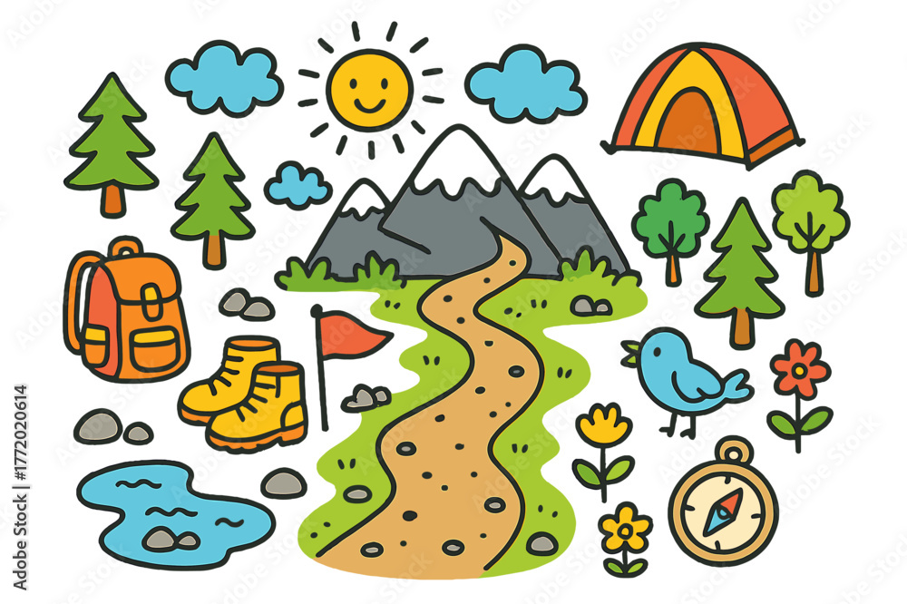 Fototapeta premium Whimsical Mountain Adventure. Mountain trail. Colorful Hand-drawn doodle Children illustration Mountain trail mountain, backpack, trees, sun, clouds, boots,