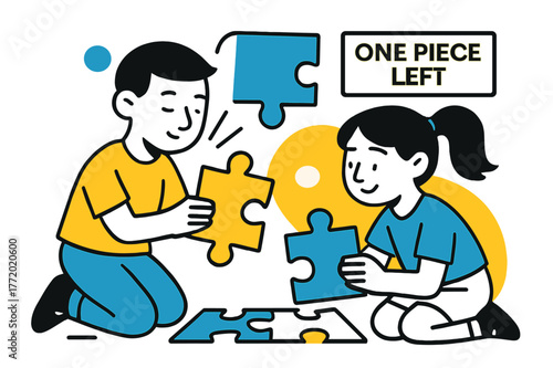 Puzzle Solving Fun. Playroom ? Puzzle time. Interlocking shapes hover before snapping together; focus lines gather around calm faces. A neat badge reads ?ONE