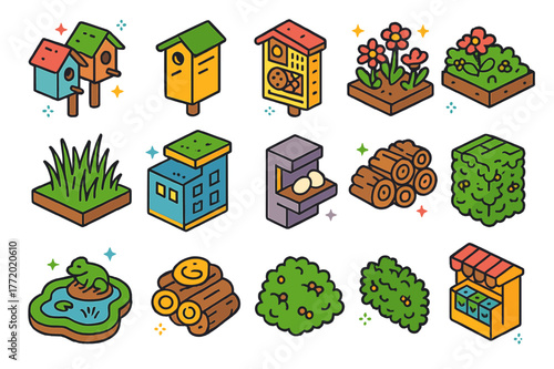 Urban Eco Icons. Urban biodiversity habitats. Colorful isometric vector icons set of Urban biodiversity habitats: birdhouse row, bat roost box, insect hotel,