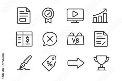 Sales Pitch Icon Set. Sales Pitch. Line icon set of Sales Pitch: proposal document, value proposition badge, product demo, ROI chart, pricing table, objection