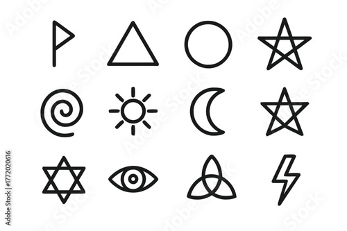 Ancient Runes Icons. Ancient runes. Line icon set of ancient runes: elder futhark rune, triangle symbol, circle symbol, pentagram, spiral, sun symbol, moon