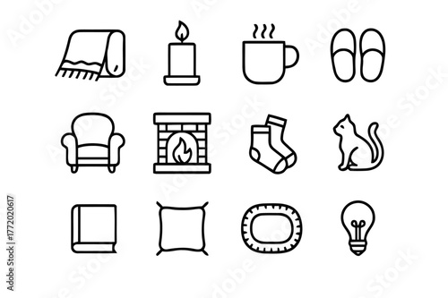 Cozy Home Icons. Cozy Home. Line icon set of Cozy Home: blanket, candle, steaming mug, slippers, armchair, fireplace, socks, cat, book, cushion, rug, warm