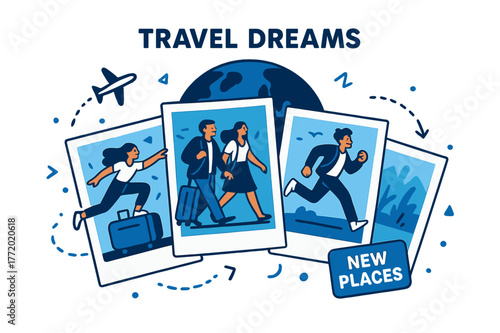 Travel Dreams Vision Board. Vision Board ? Travel Dreams. Postcard frames fan out with a tiny plane tracing a dotted route; sticker reads ?New Places?. A