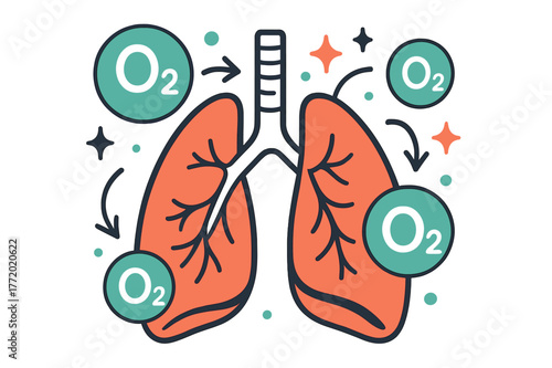 Respiration Dynamics. Oxygen. Human lungs with abstract floating oxygen molecules, arrows, and sparkles; conveys respiration, life, and biology. Modern flat