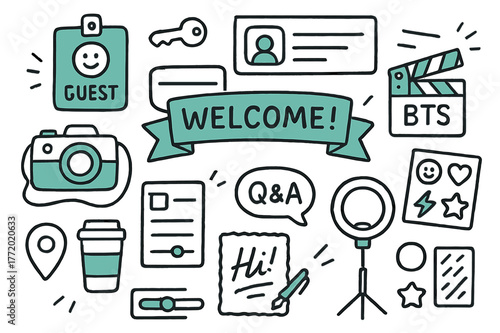 Influencer Essentials Doodle. // Influencer takeover day. Hand-drawn doodle illustration influencer takeover day [guest avatar badge (accented), login key,