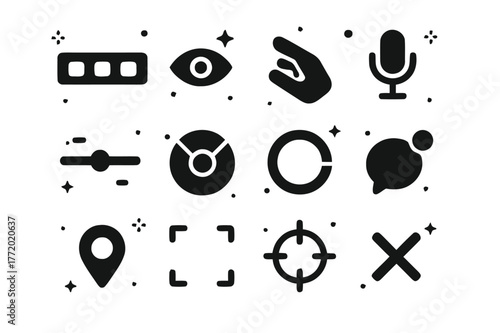 Augmented Reality Icons. augmented reality user interface. Solid icons set of augmented reality user interface: floating toolbar, gaze cursor, hand pinch icon,