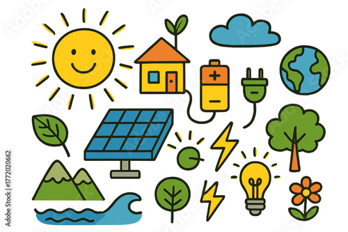 Solar Power Doodle. Solar Power. Colorful Hand-drawn doodle Children illustration Solar Power solar panel, sun, rays, house, battery, plug, cloud, leaf, light