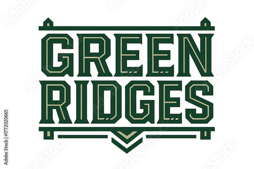 Geometric Letter Design. Green Ridges ? Bold Block Lettering; ultra-thick geometric caps with compact slab serifs and heavy outer stroke; stacked block