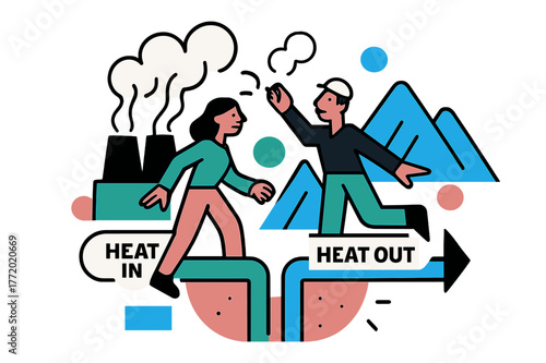Geothermal Energy Flow. Geothermal Plant Loop. Steam plumes rise in tidy curls; cutaway pipes dive down and return with a ?Heat In / Heat Out? label. Mountains