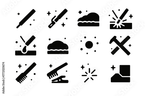 Stick Welding Symbols. Stick welding close-up. Solid icons set of Stick welding close-up: stick electrode, electrode holder, slag crust, arc flare, droplet