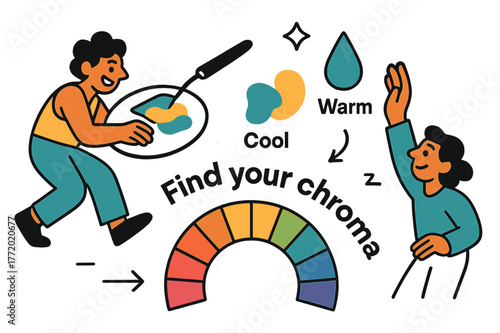 Dynamic Palette Exploration. Color mixing & palette. A palette knife folds two swatches into a new hue; droplets jump into tidy circles labeled ?Warm ? Cool?.
