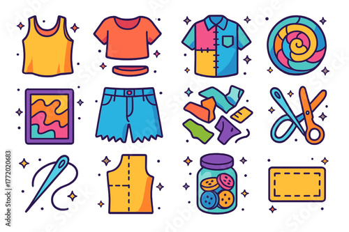 Colorful Upcycled Fashion Icons. Upcycled clothing ideas. Colorful isometric vector icons set of Upcycled clothing ideas: cut-sleeve tank top, crop tee,