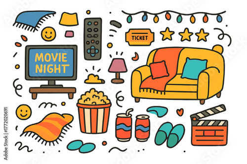 Cozy Movie Night. Movie night at home. Colorful Hand-drawn doodle Children illustration Movie night at home TV screen, remote control, popcorn bucket, cozy