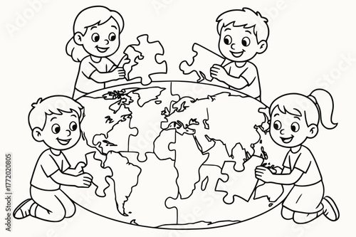 World Map Puzzle. World map puzzle children?s coloring book illustration, outlined drawing, continents shaped as puzzle pieces being placed together by smiling