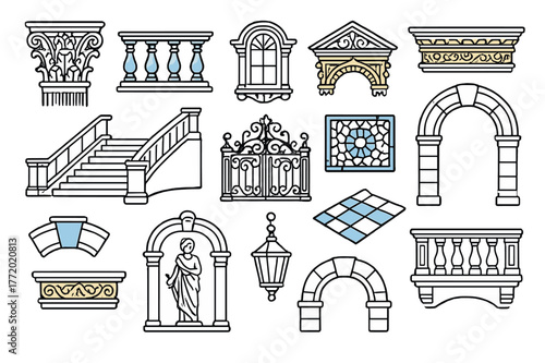 Palace Architecture Doodles. Palace architecture details. Hand-drawn doodle illustration palace architecture details [corinthian column (accented), balustrade