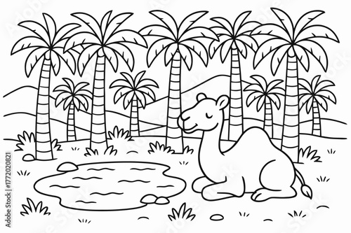 Desert Oasis Coloring. Palm oasis in the desert children?s coloring book illustration, outlined drawing, palm trees surrounding a small pond with a camel