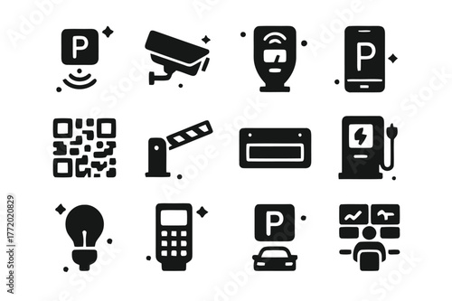 Smart Parking Solutions Icons. Smart parking solutions. Solid icons set of Smart parking solutions: parking sensor, CCTV camera, smart meter, mobile app, QR