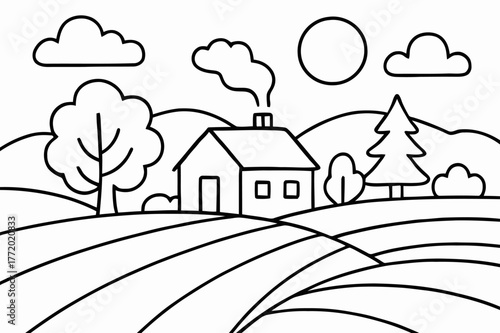 Countryside Coloring Scene. Countryside landscape children?s coloring book illustration, outlined drawing, rolling hills with a small farmhouse and trees,